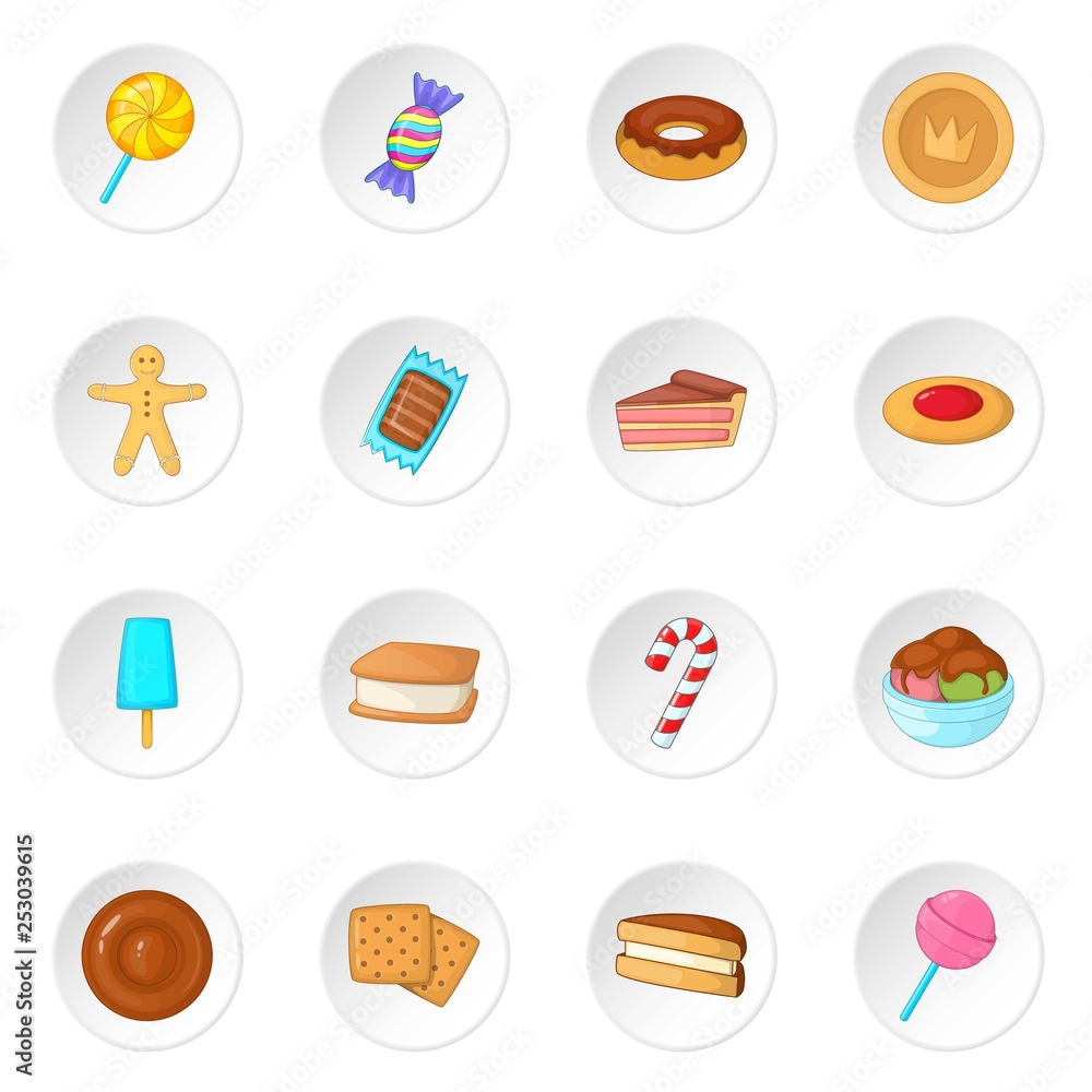 Different candy icons set. Cartoon illustration of 16 different candy vector icons for web