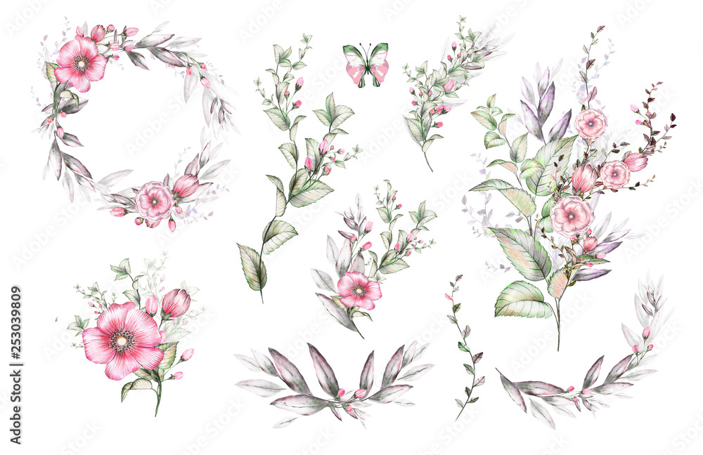Watercolor drawing of twig with leaves and flowers. Botanical illustration .An arrangement of pink flowers and colorful leaves. A set of floral elements.