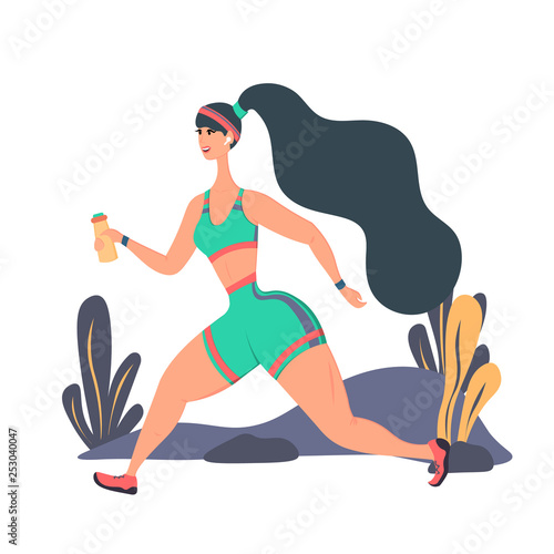 Girl athlete runs with a bottle of water in her hands. Sports and running.