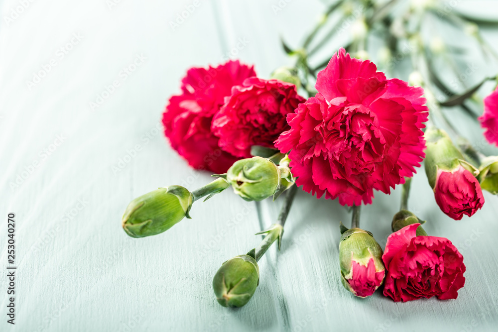 Fototapeta premium Bouquet of pink carnation on light turquoise wooden background. Greeting card with copy space.