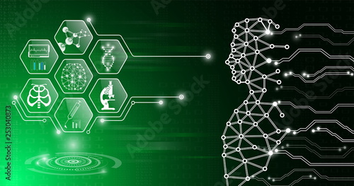 abstract background technology concept in green light,human body heal,technology modern medical science in future and global international medical with tests analysis clone DNA human