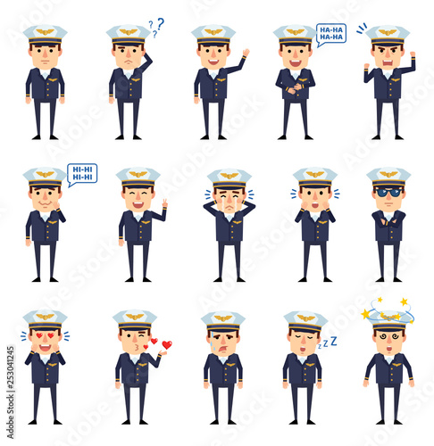 Set of airline pilot characters showing diverse facial expressions. Funny airman laughing, crying, surprised, dazed, serious and showing other emotions. Flat design vector illustration