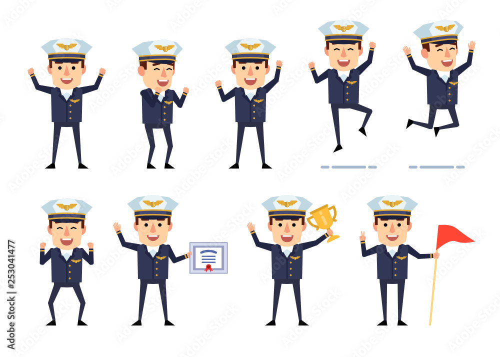 Airline pilot character showing various success gestures, emotions. Cheerful airman jumping, celebrating, holding certificate and showing other actions. Flat style vector illustration