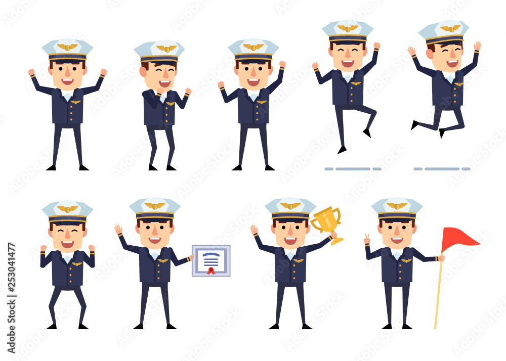 Airline pilot character showing various success gestures, emotions. Cheerful airman jumping, celebrating, holding certificate and showing other actions. Flat style vector illustration Airline pilot character showing various success gestures, emotions. Cheerful airman jumping, celebrating, holding certificate and showing other actions. Flat style vector illustration