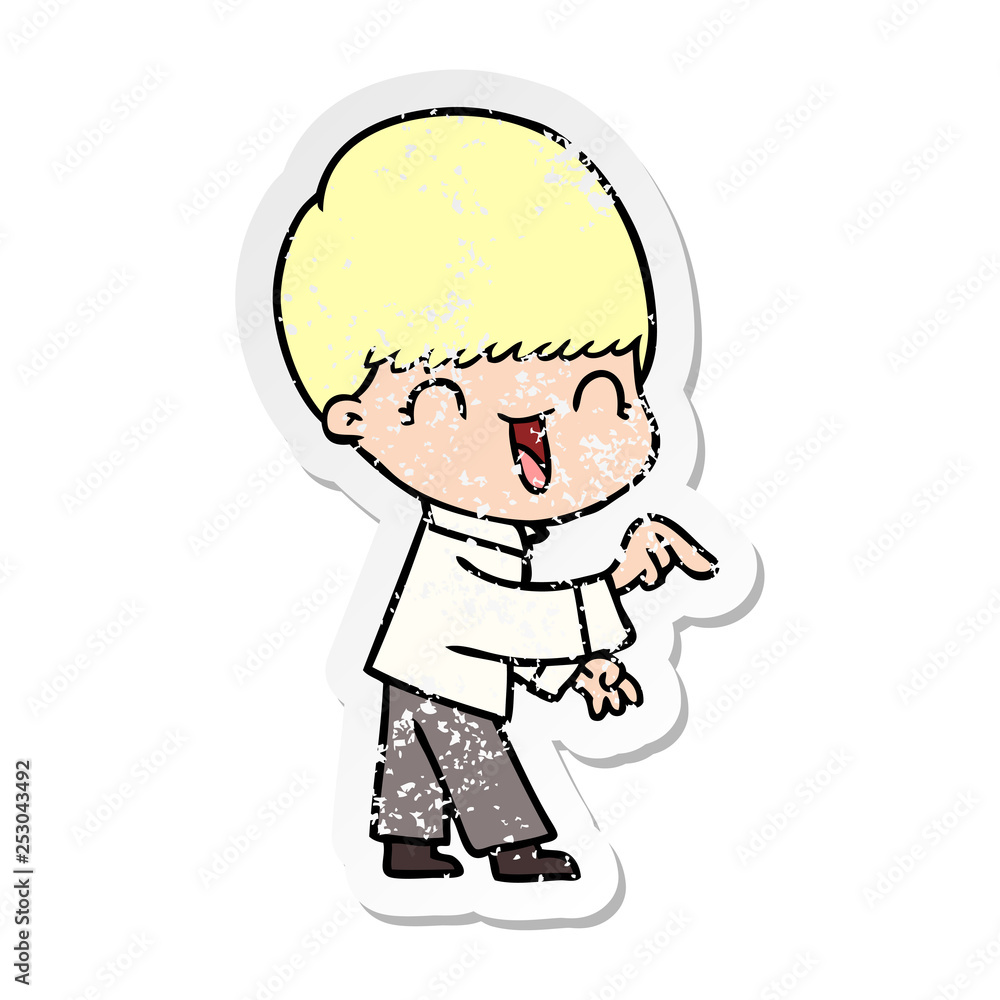 distressed sticker of a happy cartoon boy distressed sticker of a happy cartoon boy