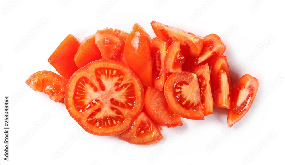 Fresh ripe, red tomato slices isolated on white background, top view