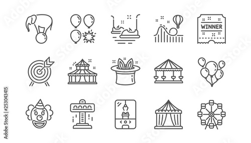 Amusement park line icons. Carousel, Roller coaster and Circus. Clown linear icon set. Vector