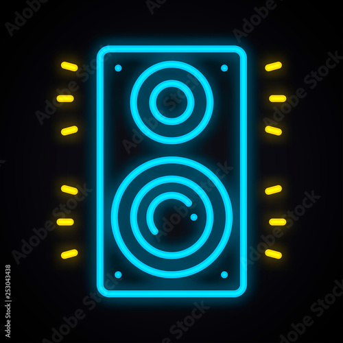 Neon music column sign. Glowing audio speakers icon.