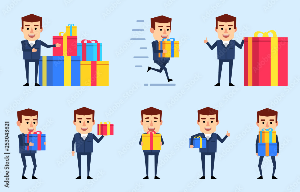Set of businessman characters in blue suit posing with diverse gift boxes. Cheerful man holding gift box, celebrating birthday, running and showing other actions. Flat style vector illustration Set of businessman characters in blue suit posing with diverse gift boxes. Cheerful man holding gift box, celebrating birthday, running and showing other actions. Flat style vector illustration