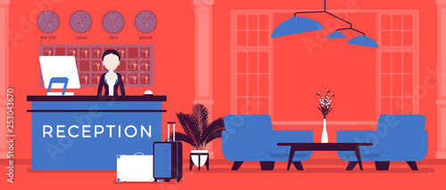 Hotel receptionist in lobby at front desk. Woman in reception area, greets and deals with clients, city visitors, interior, service for travellers, tourists. Vector illustration, faceless characters