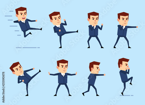 Set of businessman characters in blue suit showing different battle poses. Man fighting, kicking, jumping, attacking and showing other actions. Flat style vector illustration