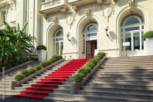 The red carpet in front of the entrance of the famous Casino in San Remo
