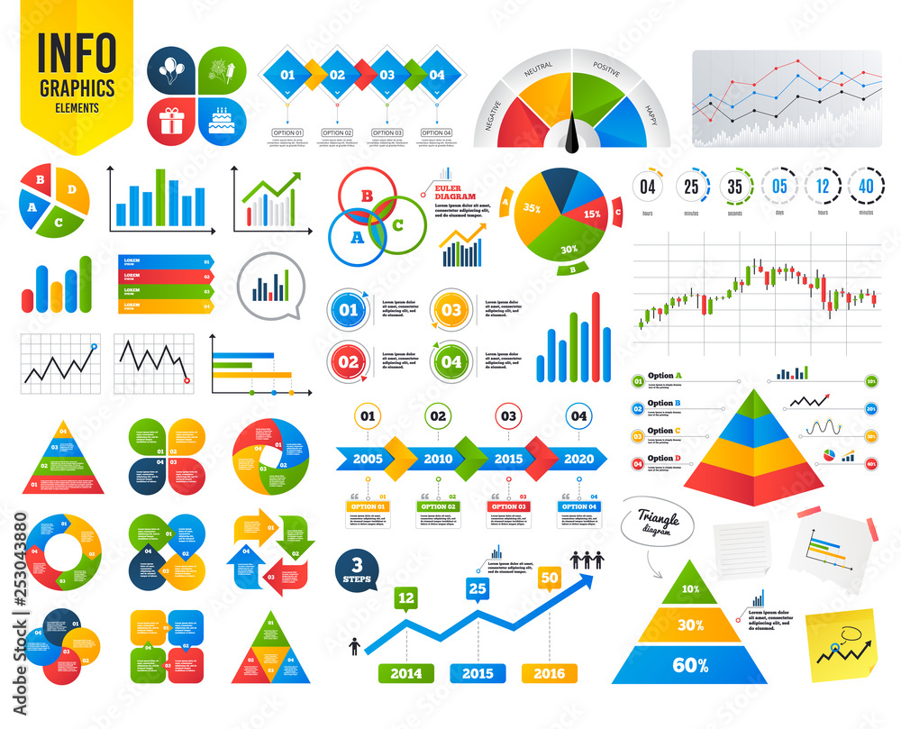 Business infographic template. Birthday party icons. Cake and gift box signs. Air balloons and fireworks symbol. Financial chart. Time counter. Vector