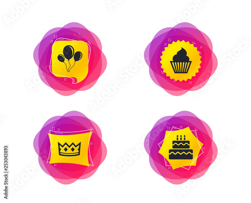 Birthday crown party icons. Cake and cupcake signs. Air balloons with rope symbol. Geometric gradient sales shapes. Creative banners. Template for design. Vector