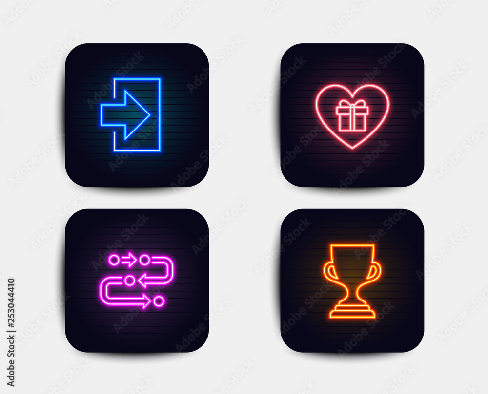 Neon glow lights. Set of Login, Romantic gift and Methodology icons. Award cup sign. Sign in, Surprise with love, Development process. Trophy. Neon icons. Glowing light banners. Vector Neon glow lights. Set of Login, Romantic gift and Methodology icons. Award cup sign. Sign in, Surprise with love, Development process. Trophy. Neon icons. Glowing light banners. Vector