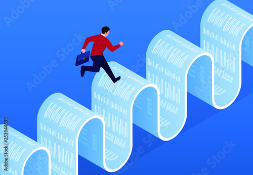 Businessman running on endless length bills and documents