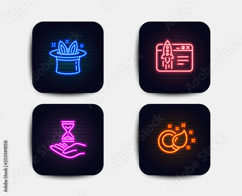 Neon glow lights. Set of Hat-trick, Start business and Time hourglass icons. Paint brush sign. Magic hat, Launch idea, Sand watch. Creativity.  Neon icons. Glowing light banners. Vector