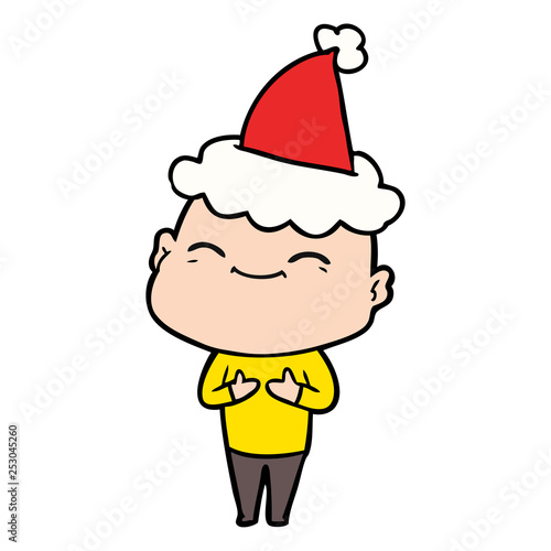 happy line drawing of a bald man wearing santa hat