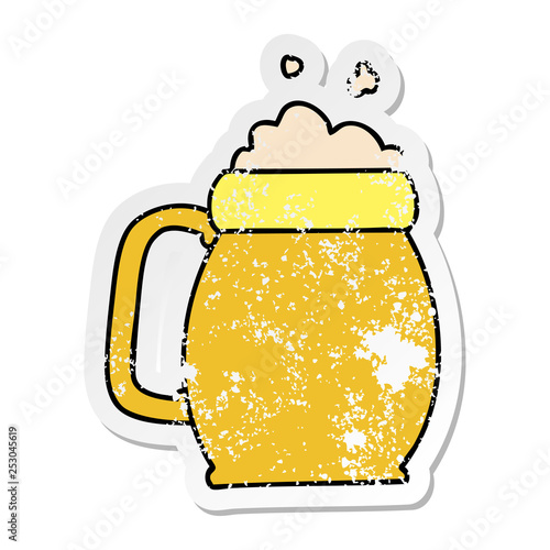 distressed sticker of a quirky hand drawn cartoon pint of beer