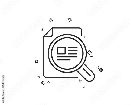 Check article line icon. Ð¡opyright sign. Magnifying glass symbol. Geometric shapes. Random cross elements. Linear Check article icon design. Vector