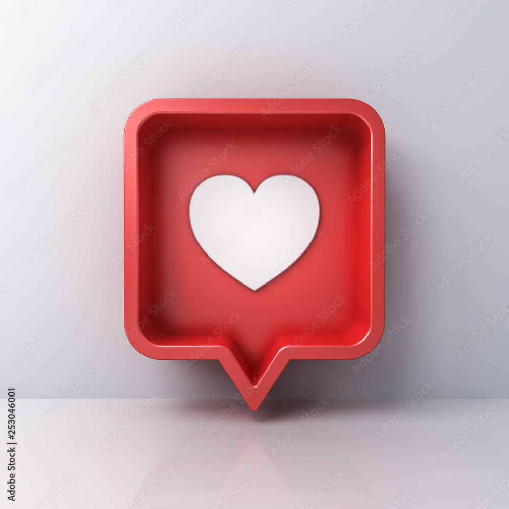 3d social media notification love like heart icon in red rounded square pin isolated on white wall background with shadow and reflection 3D rendering
