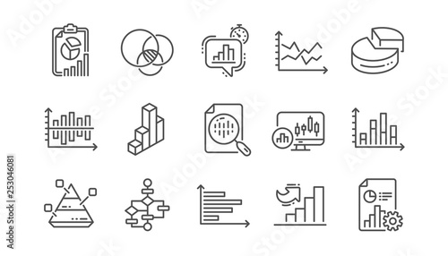 Charts and graphs line icons. Infochart, Block diagram and Algorithm. Presentation linear icon set  Vector