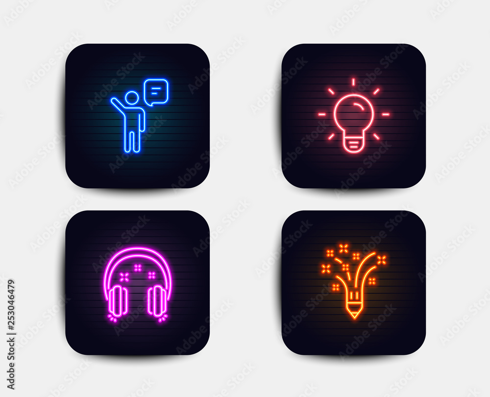 Neon glow lights. Set of Headphones, Light bulb and Agent icons. Inspiration sign. Earphones, Lamp energy, Business person. Creativity pencil. Neon icons. Glowing light banners. Vector Neon glow lights. Set of Headphones, Light bulb and Agent icons. Inspiration sign. Earphones, Lamp energy, Business person. Creativity pencil. Neon icons. Glowing light banners. Vector