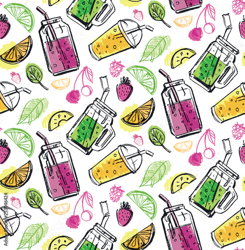 Hand drawn doodle fruit pattern background - smoothie fresh cocktail