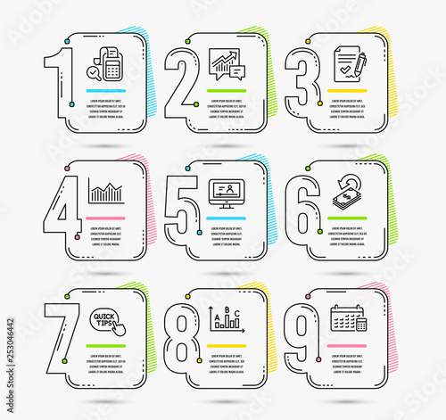 Infographic timeline set of Quick tips, Approved agreement and Cashback icons. Money diagram, Accounting and Bill accounting signs. Vector