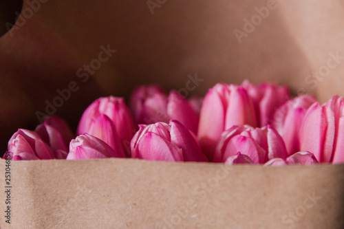 Beautiful pink bouquet of tulips, spring flowers grown in a greenhouse.Spring flowers and floriculture