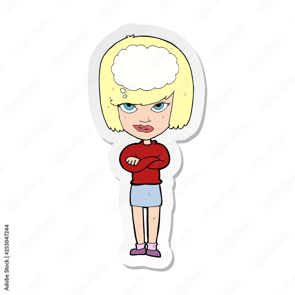 sticker of a cartoon woman with folded arms imagining sticker of a cartoon woman with folded arms imagining