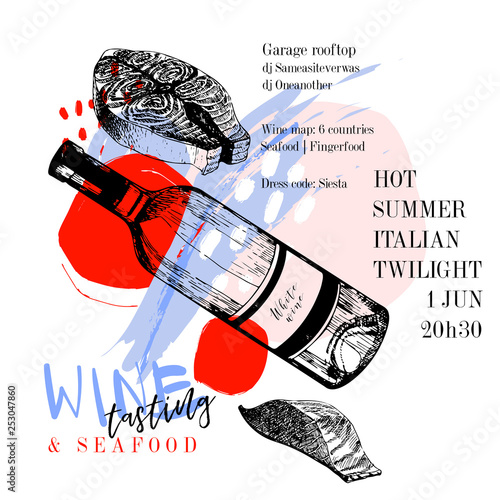 Wine tasting and seafood party poster. Vector hand drawn fish fillet with dry wine bottle. Italian sea fingerfood banner. Modern abstract background. Vintage restaurant menu, invitation, flyer design.