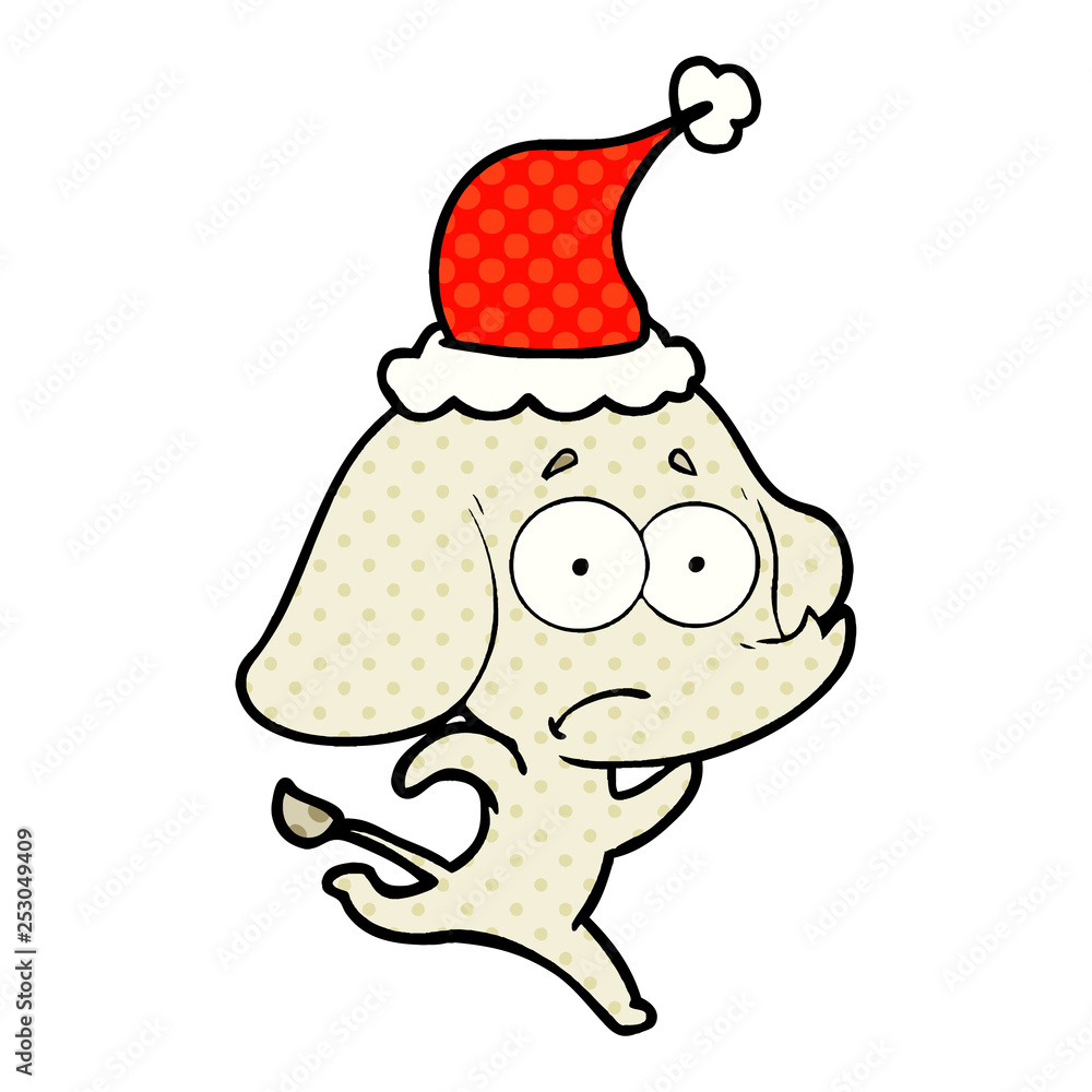 comic book style illustration of a unsure elephant running away wearing santa hat comic book style illustration of a unsure elephant running away wearing santa hat