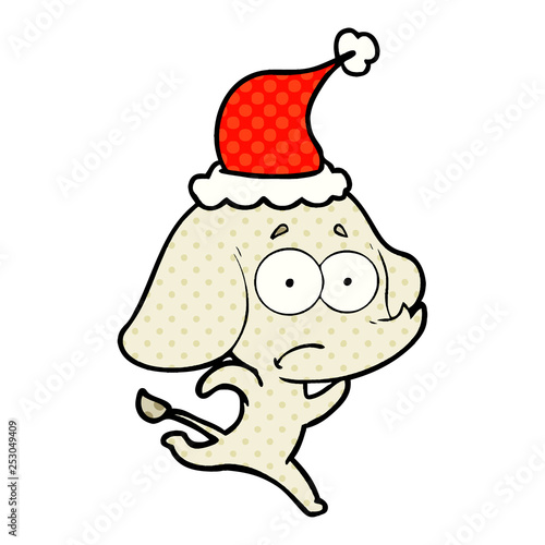 comic book style illustration of a unsure elephant running away wearing santa hat