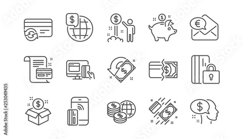 Money payment line icons. Bank transfer, Piggy bank and Credit card. Cash linear icon set.  Vector