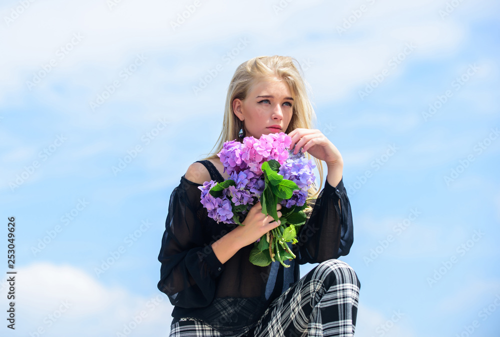 Girl fashion model carry hydrangea flowers. Spring fresh bouquet. Gardening and botany concept. Flowers tender spring fragrance. Bouquet for girlfriend. Fashion and beauty industry. Celebrate spring Girl fashion model carry hydrangea flowers. Spring fresh bouquet. Gardening and botany concept. Flowers tender spring fragrance. Bouquet for girlfriend. Fashion and beauty industry. Celebrate spring