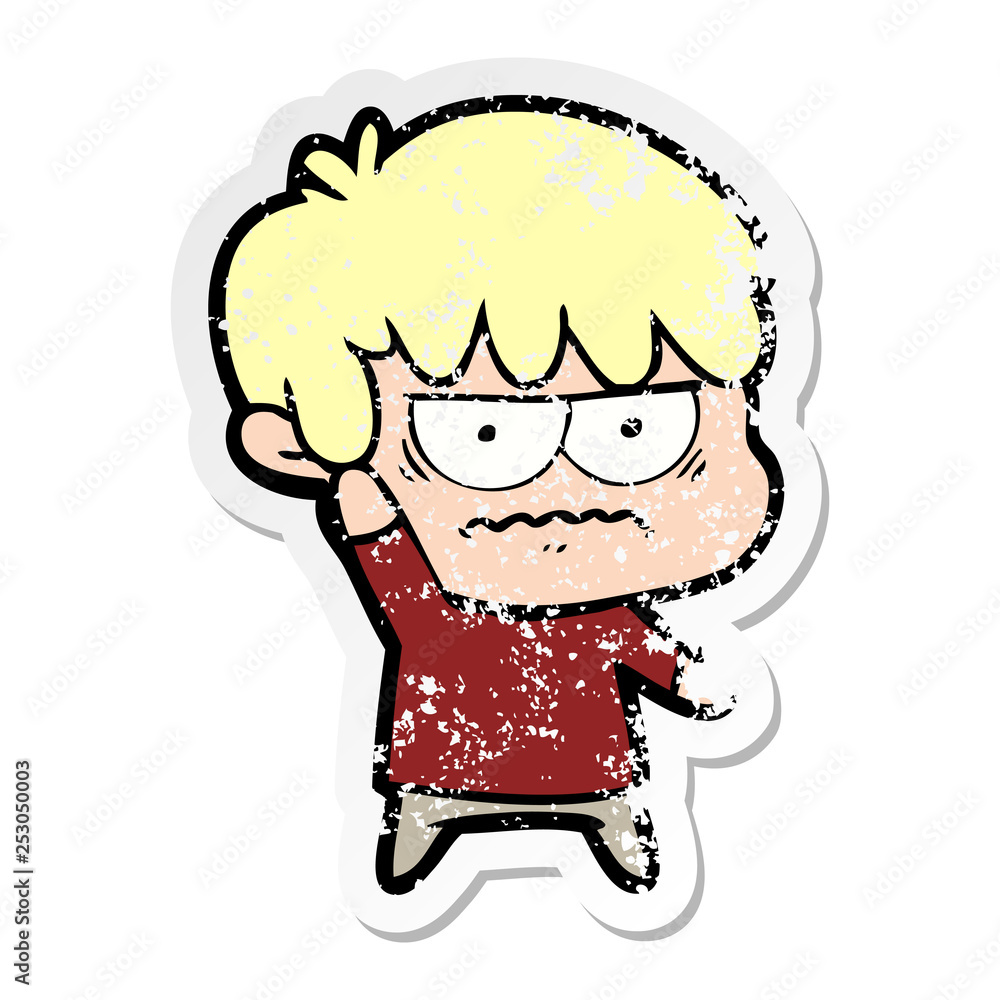 distressed sticker of a annoyed cartoon boy distressed sticker of a annoyed cartoon boy