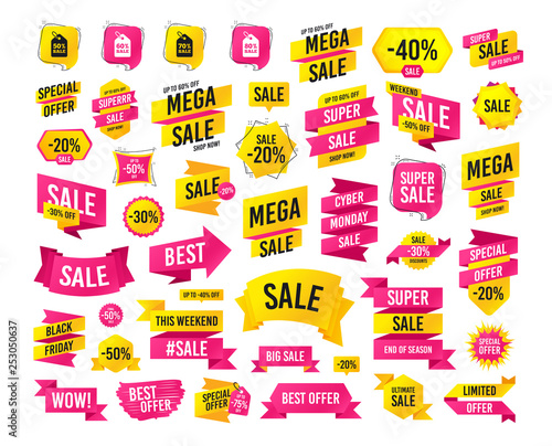 Sales banner. Super mega discounts. Sale price tag icons. Discount special offer symbols. 50%, 60%, 70% and 80% percent sale signs. Black friday. Cyber monday. Vector