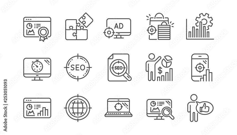 Seo line icons. Increase sales, Business strategy and Search optimization. Analytics linear icon set.  Vector