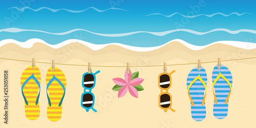 striped flip flops and sunglasses hang on a rope on the beach vector illustration EPS10