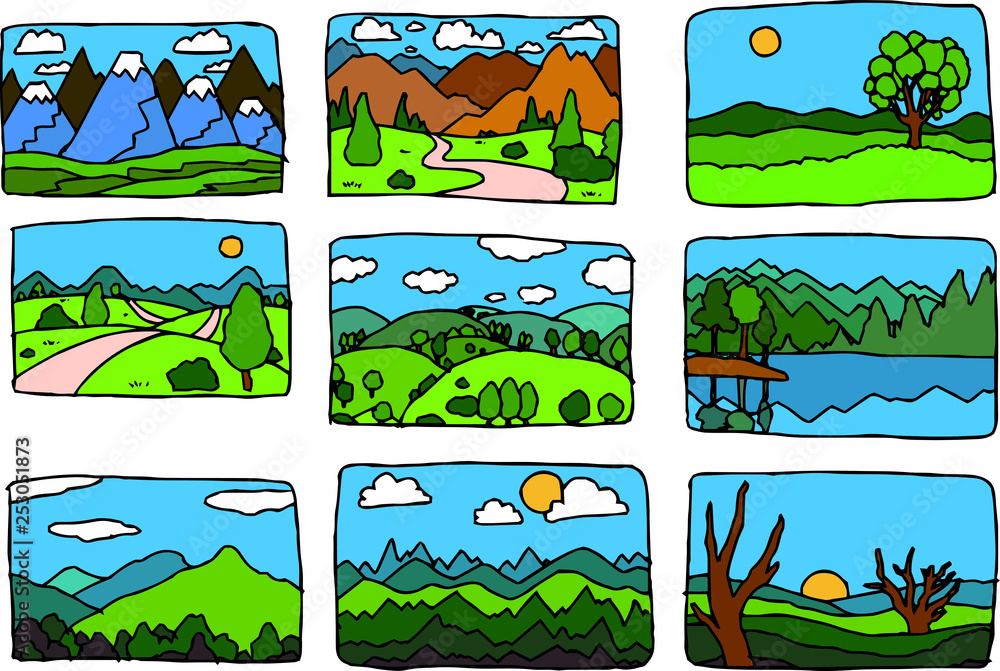 Rough sketch of hand-drawn natural scenery set