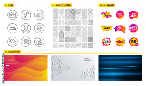 Seamless pattern. Shopping mall banners. Set of Face detection, Agent and Face recognition icons. Approved mail, Notebook service and Receive mail signs. Vector