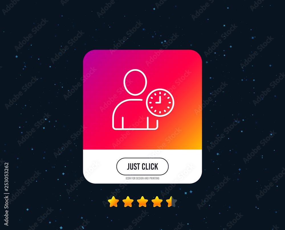 User with Clock line icon. Profile Avatar with Time sign. Person silhouette symbol. Web or internet line icon design. Rating stars. Just click button. Vector User with Clock line icon. Profile Avatar with Time sign. Person silhouette symbol. Web or internet line icon design. Rating stars. Just click button. Vector
