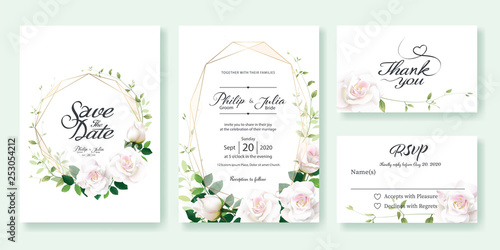Wedding Invitation, save the date, thank you, rsvp card Design template. Vector. White rose flower, lemon leaf, Ivy leaves.