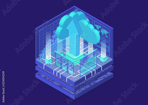 Cloud transformation concept with symbol of floating cloud and upload arrow as isometric 3d vector illustration