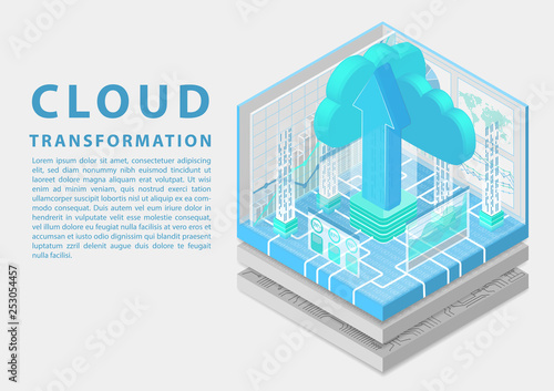 Cloud transformation concept with symbol of floating cloud and upload arrow as isometric 3d vector illustration