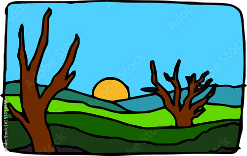 Rough sketch of hand-drawn natural scenery