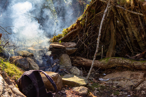 Fire Camping Shelter in Woods