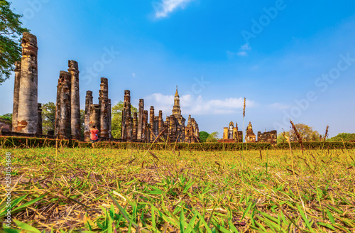 Sukhothai historical park and surrounding area example Wat Si Chum, Wat Traphang-Thong, Sorasak Temple in the midday and twilight photo