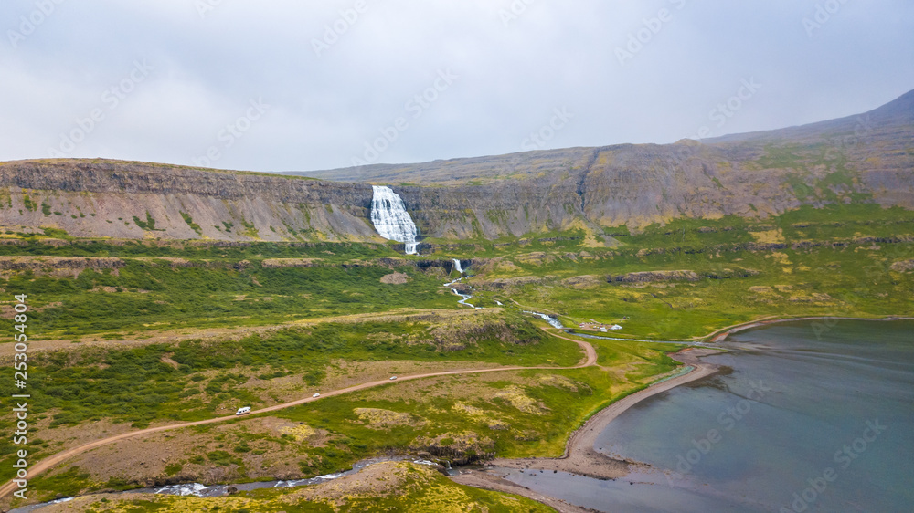 Aerial view of Dynjandi waterfall at the west fjords of Iceland, Summertime
